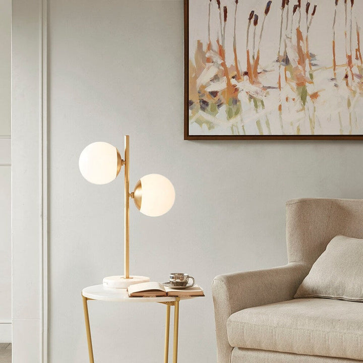 Minimalist table lamp, Globerra, with two frosted glass globes, ideal for contemporary home decor