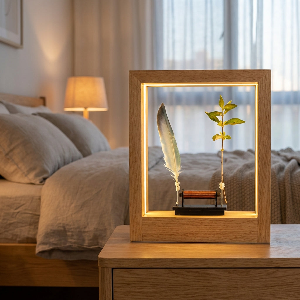 Minimalist floating feather ambient LED lamp, soft glow, perfect for relaxation and home decor