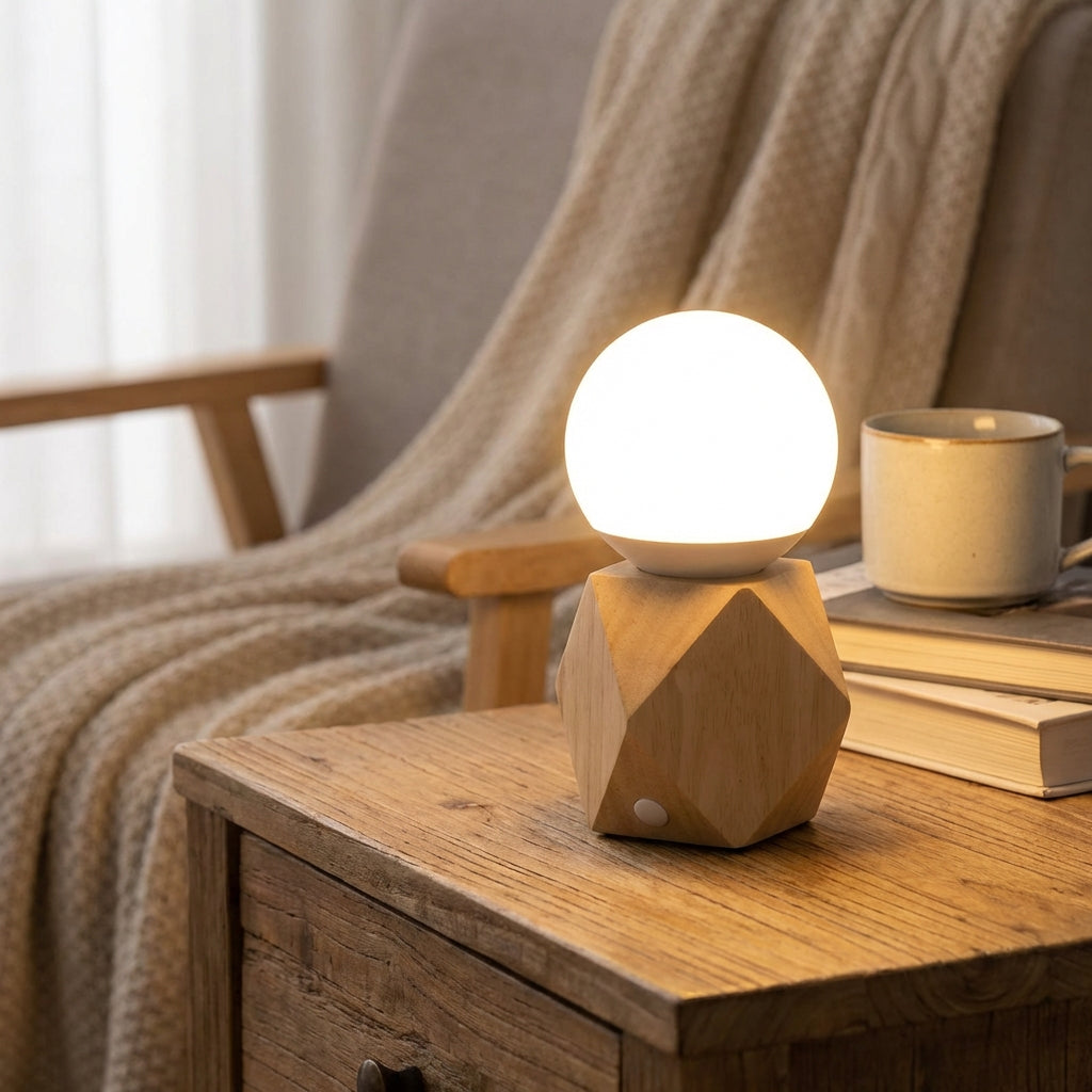 Nordiqueo Geometric Base Bedside Lamp, blending Scandinavian design with functional LED lighting.
