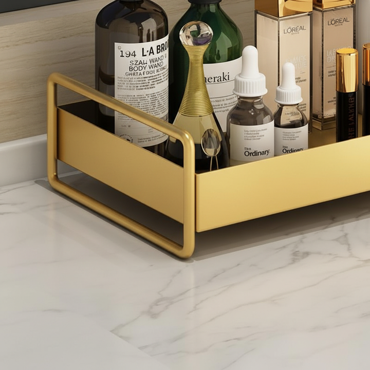 Elegant gold finish vanity tray, perfect for cosmetic organizer storage