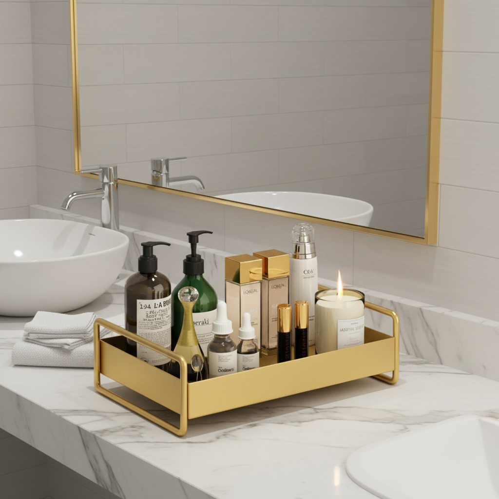 Contemporary gold desktop tray, perfect for minimalist decor & organization