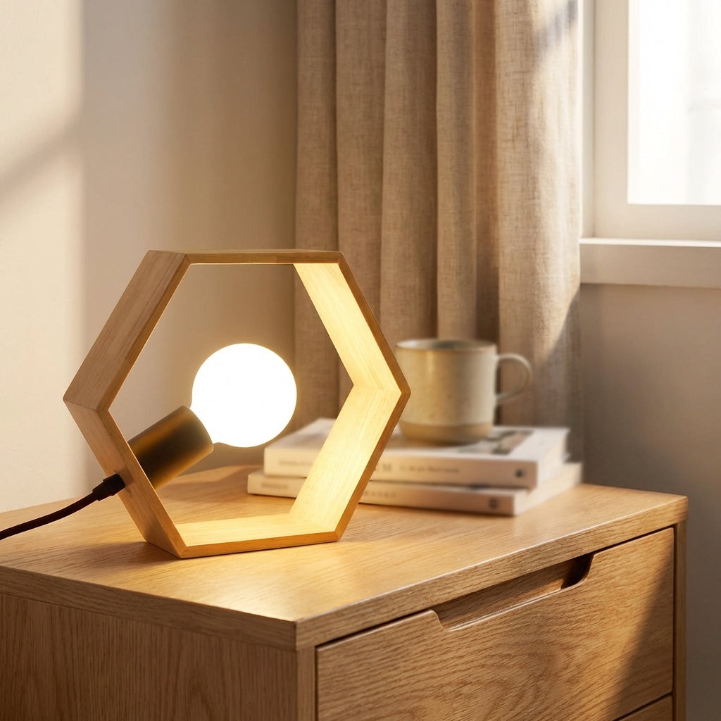 Minimalist hexagon wood accent lamp by Aurexen, casting warm ambient light, perfect for modern home decor