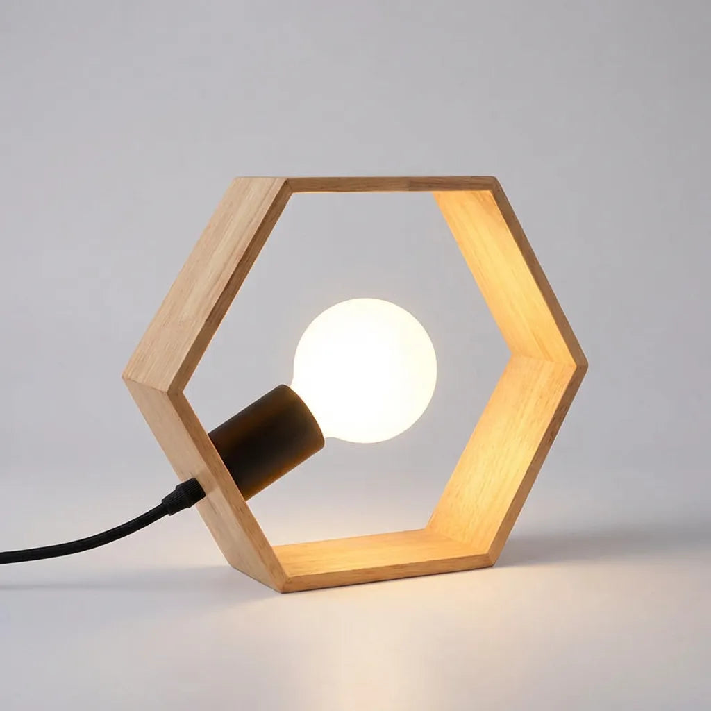 Close-up of hexagonal wood accent lamp by Aurexen, showcasing natural wood grain and minimalist design