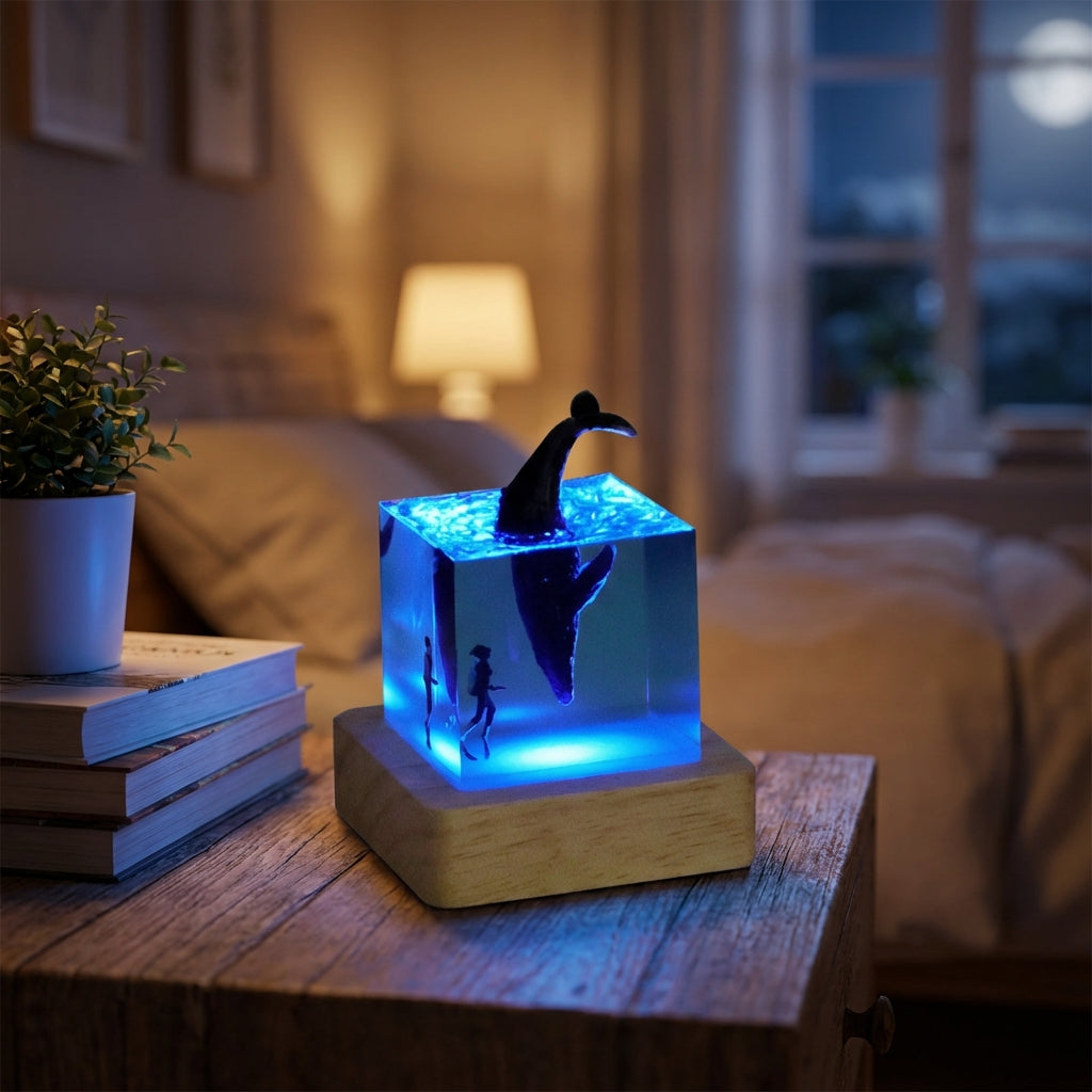 Minimalist landscape table lamp with resin art scene on glowing LED light, wood base, ambient home decor.