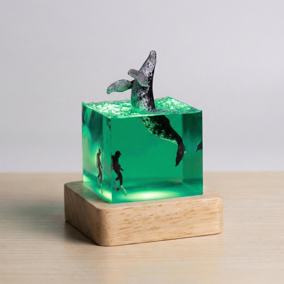 Artistic table lamp with resin landscape painting, LED light, wood base, perfect for modern home decor.