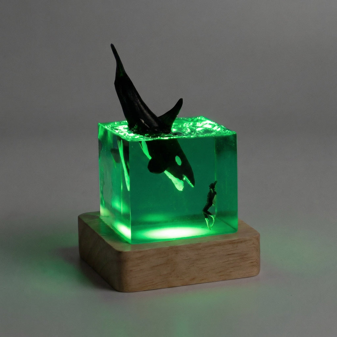 Ambient table lamp, clear resin encasing landscape art, warm LED glow, minimalist gift idea with wood base.