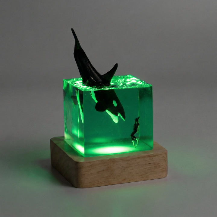 Ambient table lamp, clear resin encasing landscape art, warm LED glow, minimalist gift idea with wood base.