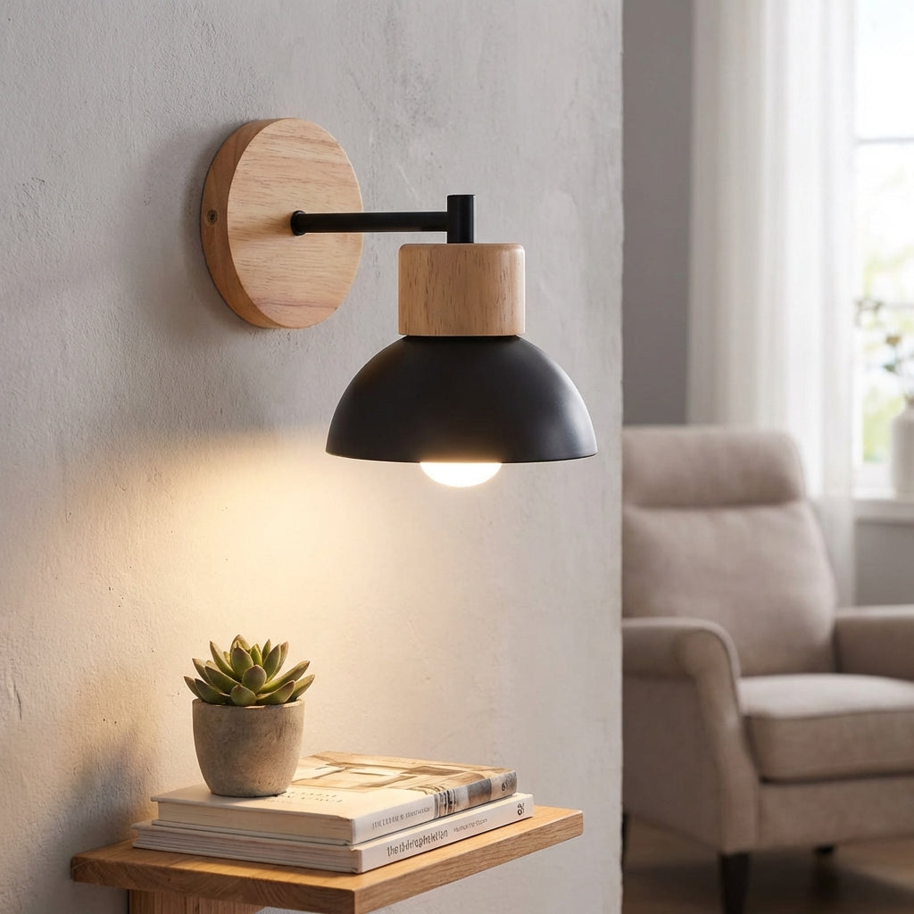 Minimalist LED wall sconce by Glowfowl, featuring a sleek design with elegant wood accent for modern home lighting.