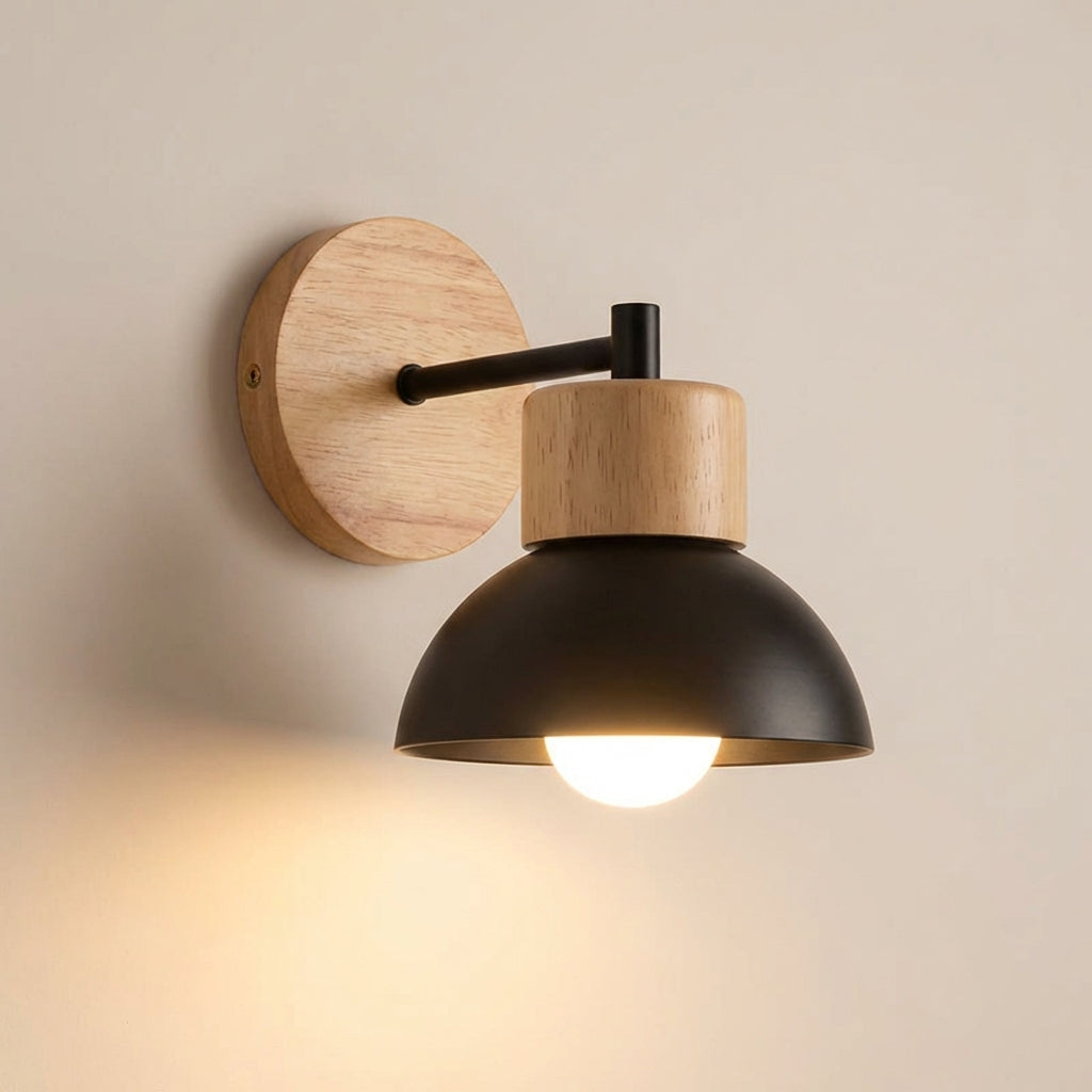 Energy-efficient LED wall sconce, Glowfowl design, with a natural wood accent, providing ambient lighting for any interior.