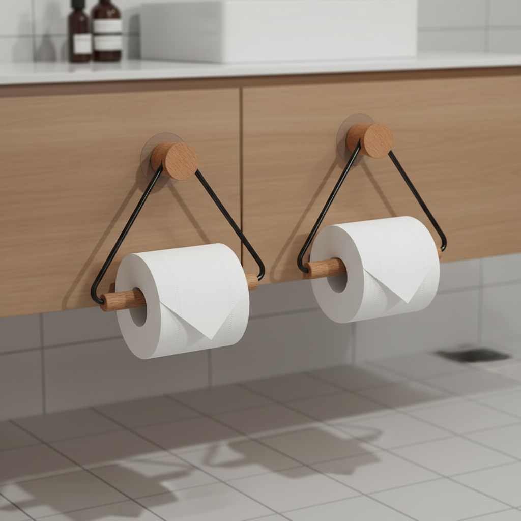 Minimalist metal wood holder set, sleek wall-mounted storage for modern bathroom decor