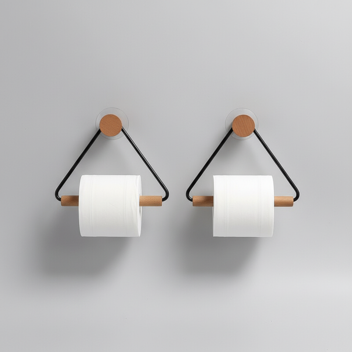 Elegant metal and wood holder set, perfect for organizing bathroom essentials in a minimalist home