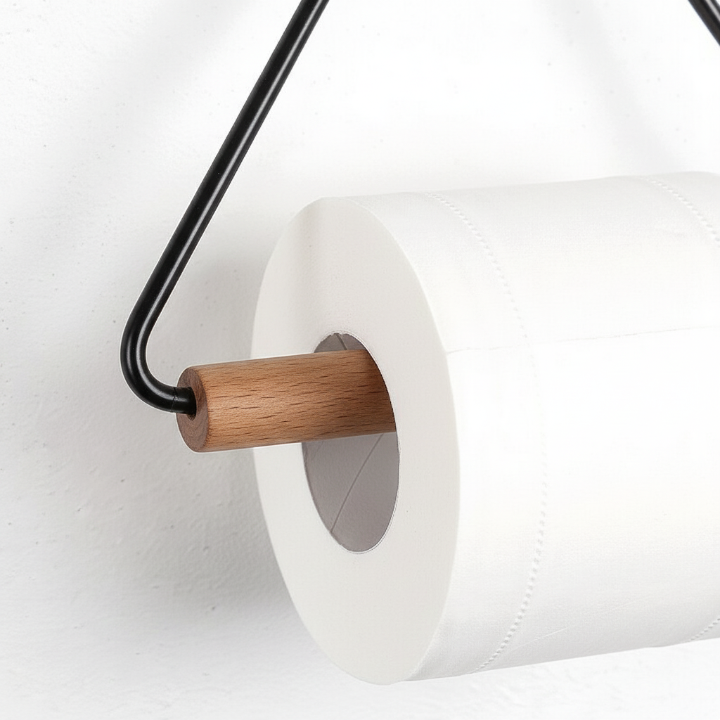 Modern wall-mounted wood holder with metal accents, ideal for contemporary bathroom storage