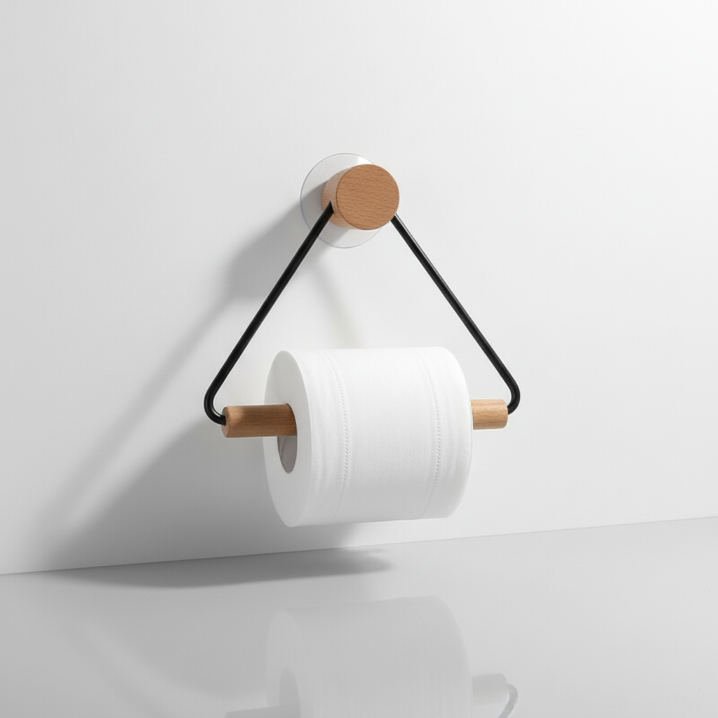Stylish minimalist holder set made from metal and wood, enhancing bathroom organization and decor