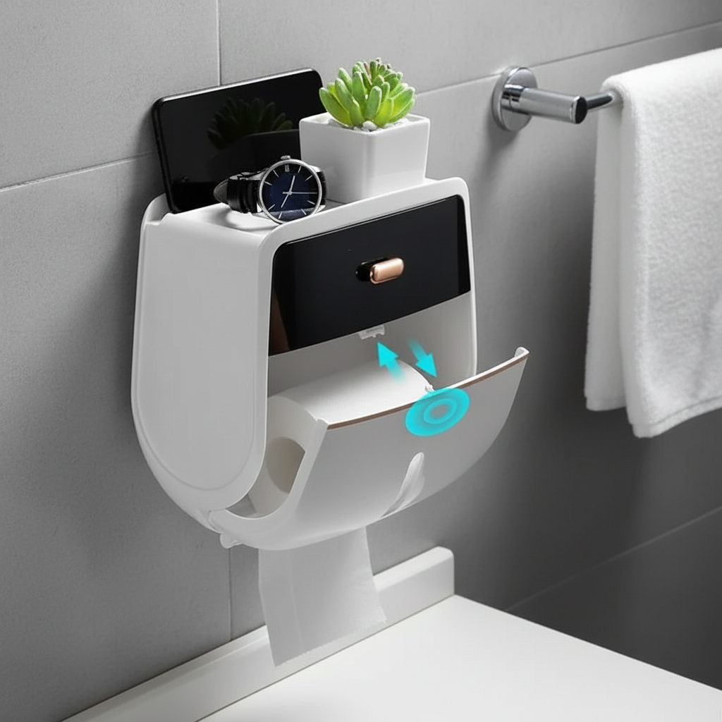 Minimalist modern bathroom wall shelf DryDock with tissue dispenser, space-saving storage.