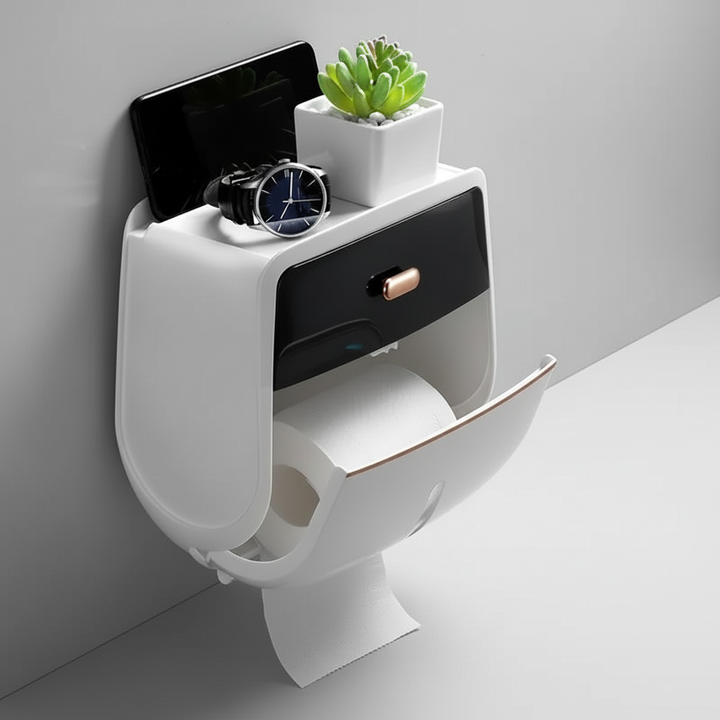 Waterproof DryDock wall organizer, sleek design for modern bathroom accessory storage.