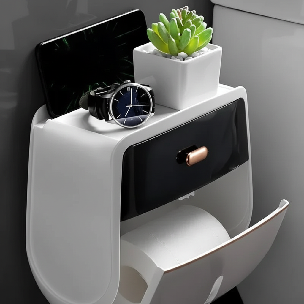 Unisex bathroom wall shelf with integrated tissue dispenser, perfect for home organization.