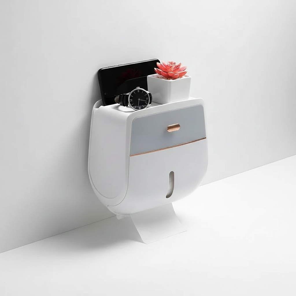 DryDock toilet paper holder and wall storage solution, ideal for minimalist modern bathrooms.