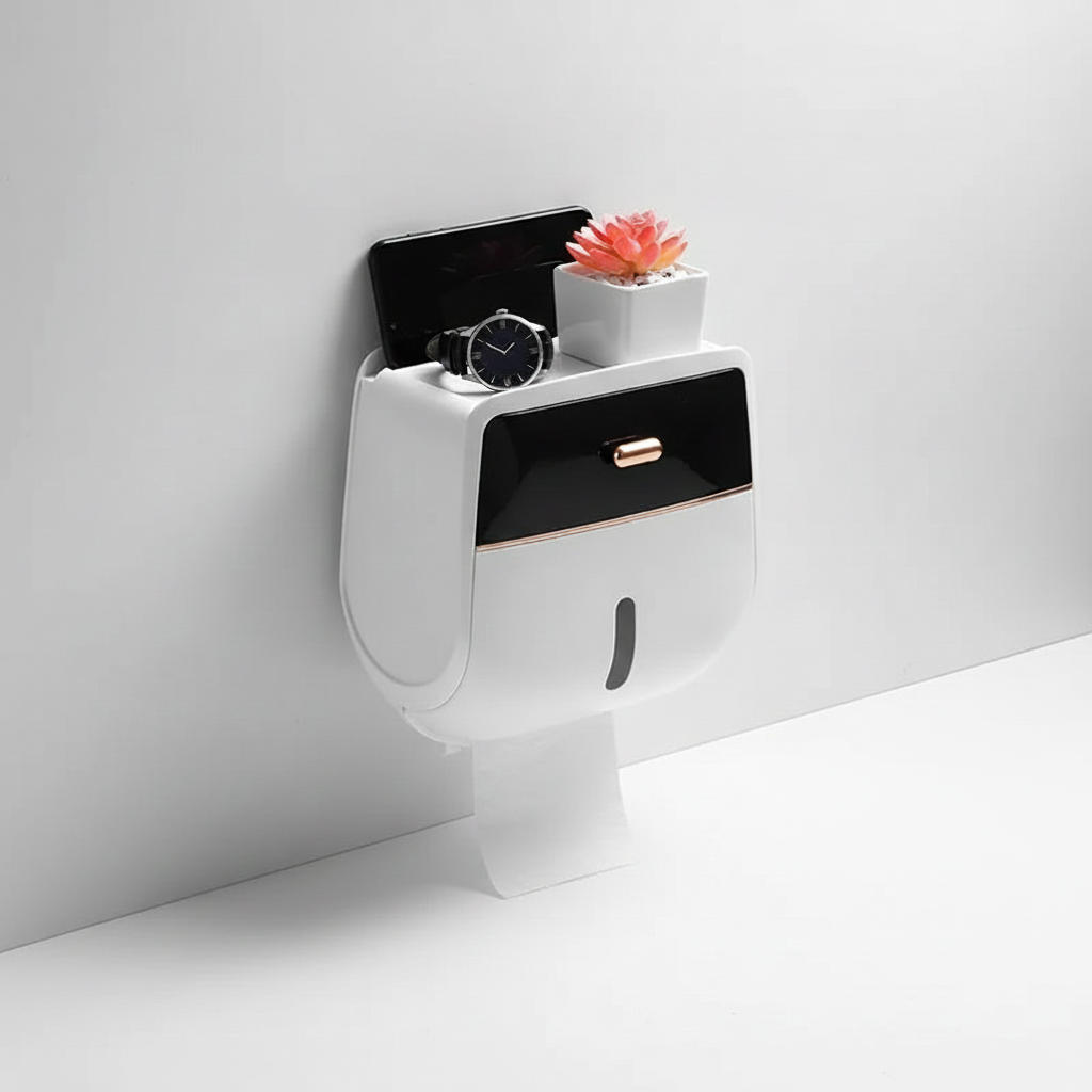 Compact bathroom wall shelf DryDock, featuring a tissue dispenser and waterproof design.