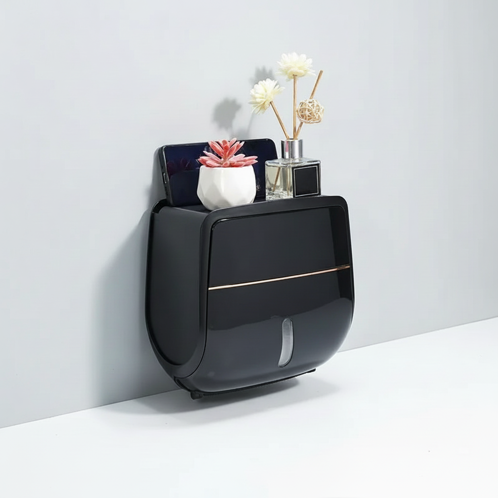 Modern bathroom accessory: DryDock wall shelf & tissue dispenser, optimizing small spaces.