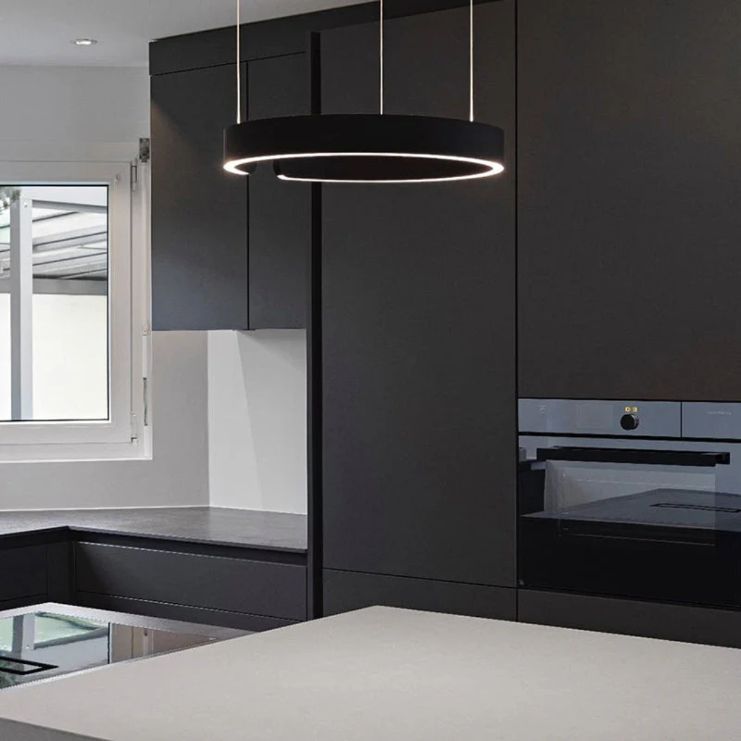 SkyRing LED pendant light showcasing a unique circular form, dimmable modern lighting