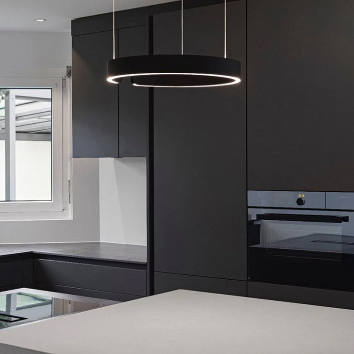 SkyRing LED pendant light showcasing a unique circular form, dimmable modern lighting