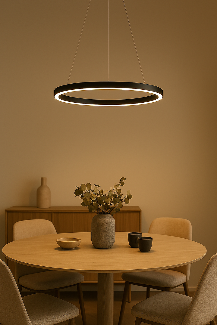 Elegant SkyRing LED pendant lamp, a modern lighting fixture with energy-saving features