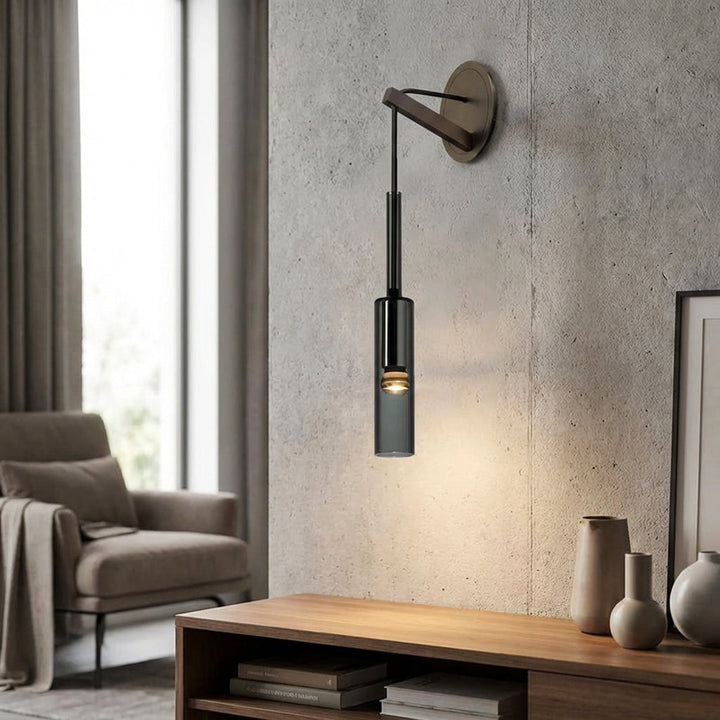 Minimalist smoked glass wall light, conical shade, black fixture, modern LED lighting for home decor