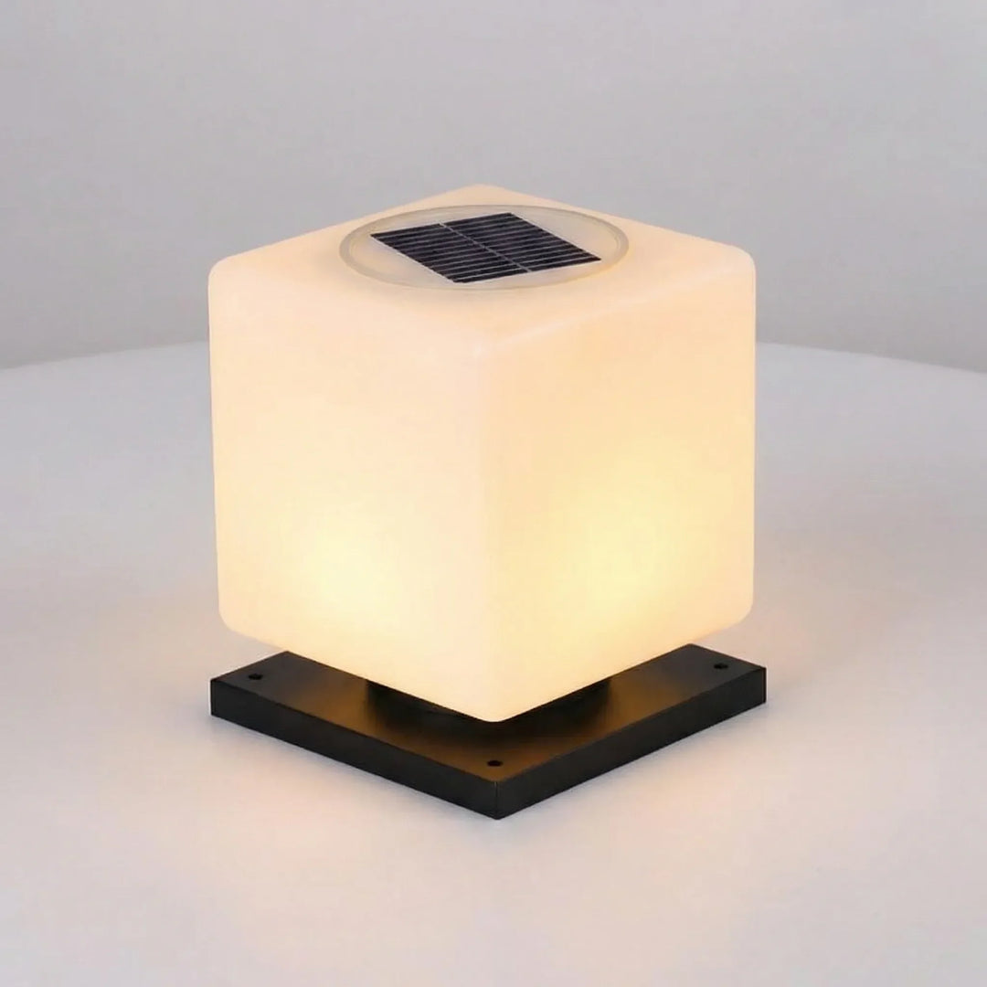 Multiple Minimalist Solar Cube Lamps creating ambiance on a patio, eco-friendly outdoor decor.