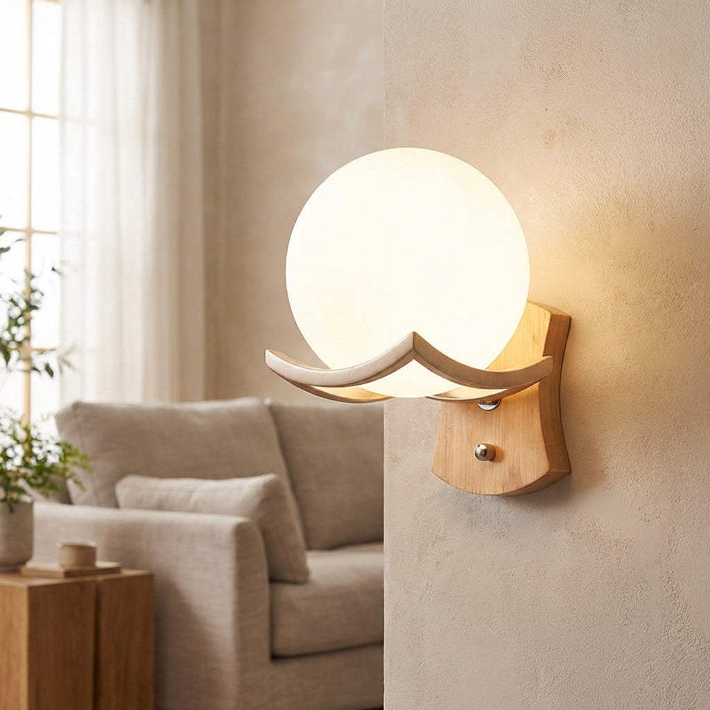 Minimalist spherical LED wall sconce by Zenivio, modern wood and metal design for bedroom or hallway.