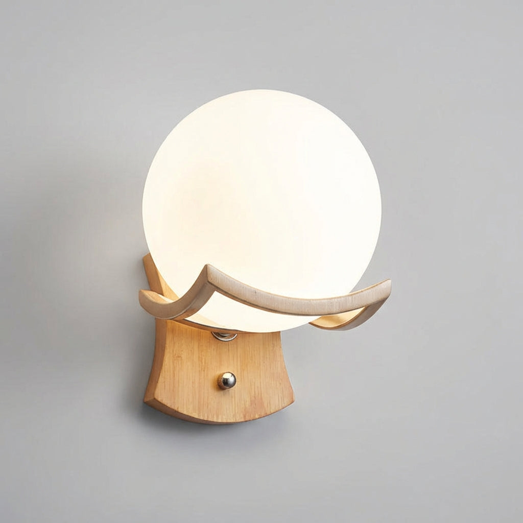 Zenivio minimalist spherical wall light, elegant LED sconce featuring wood and metal accents.