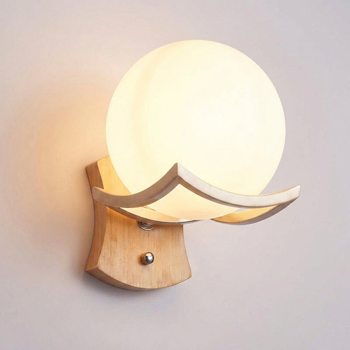 Zenivio minimalist spherical wall sconce, a contemporary LED light in wood and metal for bedrooms.