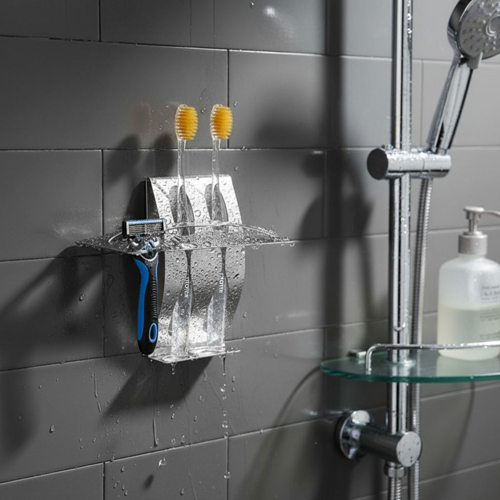 Minimalist stainless steel shower caddy, wall-mounted for hygienic bathroom storage without drilling.