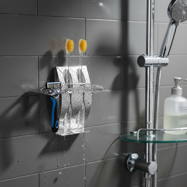 Minimalist stainless steel shower caddy, wall-mounted for hygienic bathroom storage without drilling.