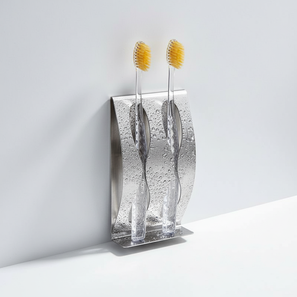 Rostfreier Badorganizer ShowerGrip, sleek stainless steel toothbrush and razor holder, no-drill installation.