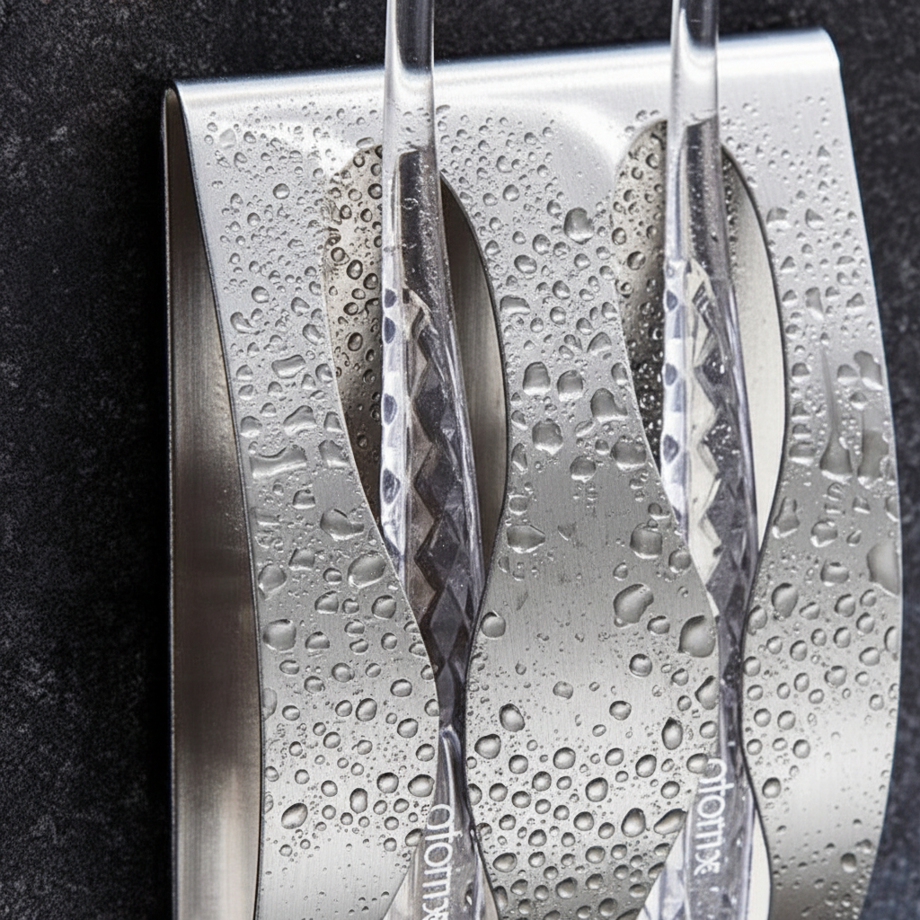 Wall mount stainless steel bathroom organizer, ShowerGrip, offering hygienic storage for shower essentials.