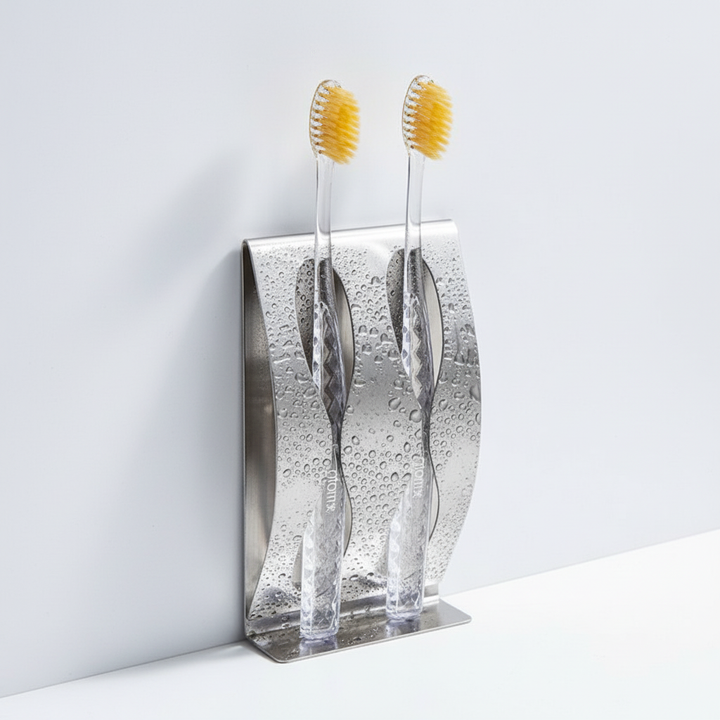 Modern stainless steel shower caddy, no-drill design, perfect for organizing toothbrushes and razors.
