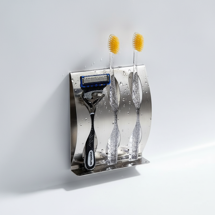 ShowerGrip stainless steel bathroom organizer, rust-free and hygienic, ideal for minimalist shower storage.