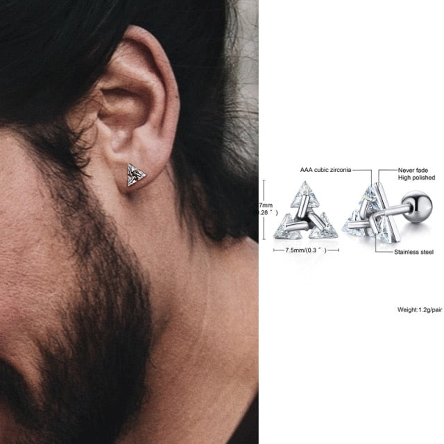 Small black minimalist triangle stud earrings, unisex design for a modern, elegant look. Comfortable everyday wear.