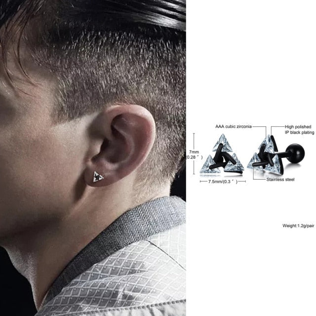 Elegant small silver triangle stud earrings, minimalist unisex design for subtle, modern everyday jewelry.