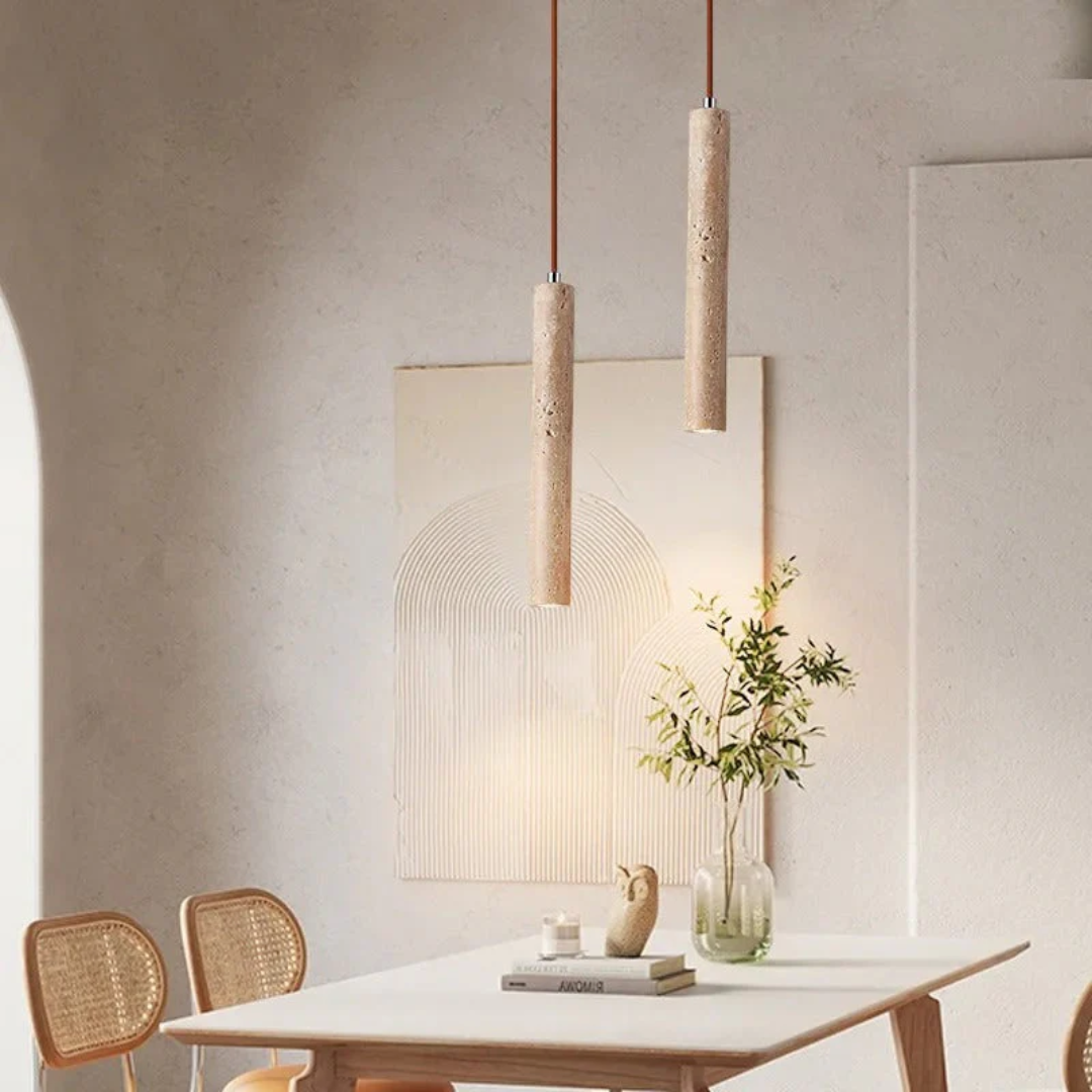 Wabi-Sabi natural travertine LED chandelier. Minimalist, contemporary design for stylish living rooms.
