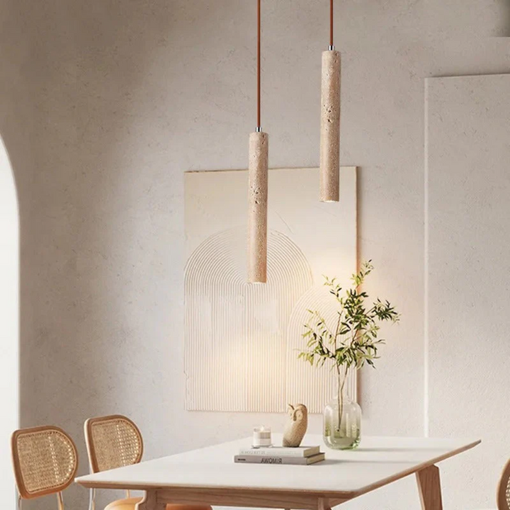 Wabi-Sabi natural travertine LED chandelier. Minimalist, contemporary design for stylish living rooms.