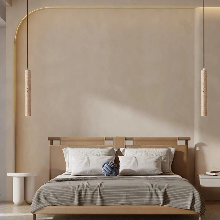 Energy-efficient minimalist LED chandelier, long line design with natural travertine for modern homes.