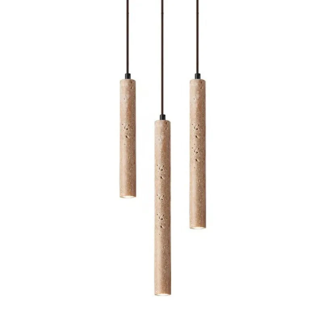 Elegant bedroom chandelier featuring minimalist design, natural travertine, and energy-saving LED lighting.