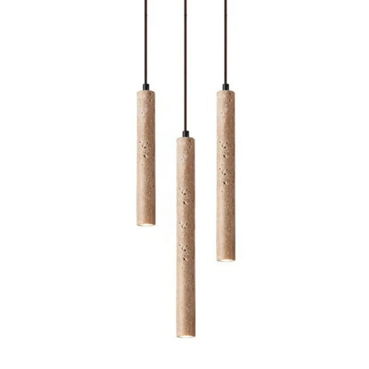 Elegant bedroom chandelier featuring minimalist design, natural travertine, and energy-saving LED lighting.