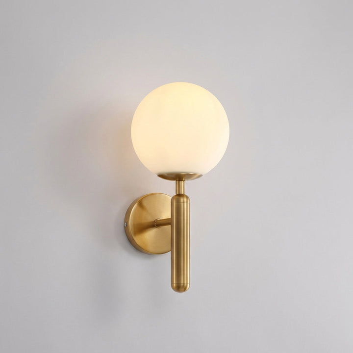 Veloriq minimalist LED wall sconce, gold, milk glass diffuser, ideal for contemporary spaces.