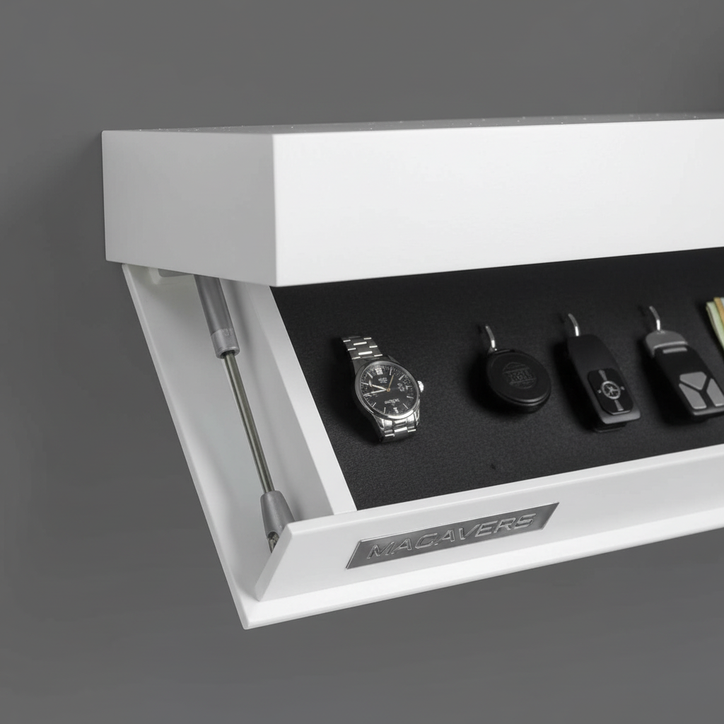 Modern wall-mounted shelf featuring a clean design and concealed storage compartment