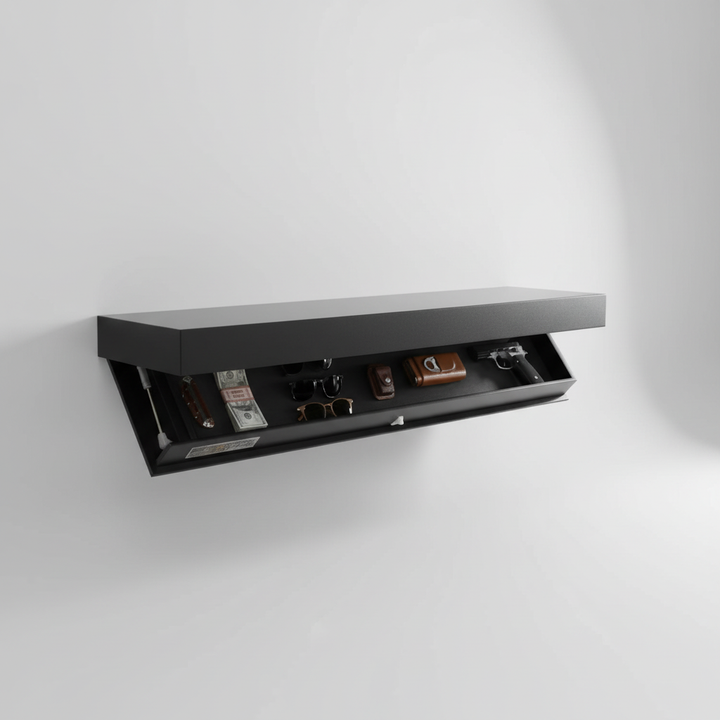 Stylish white wall shelf with integrated hidden storage, enhancing minimalist interiors