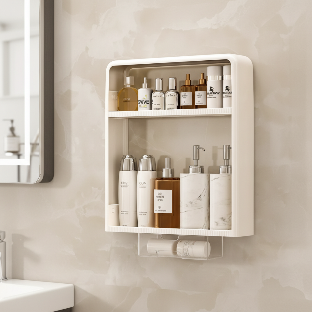 Minimalist white plastic bathroom shelf, wall-mounted for space-saving storage, no-drill installation.