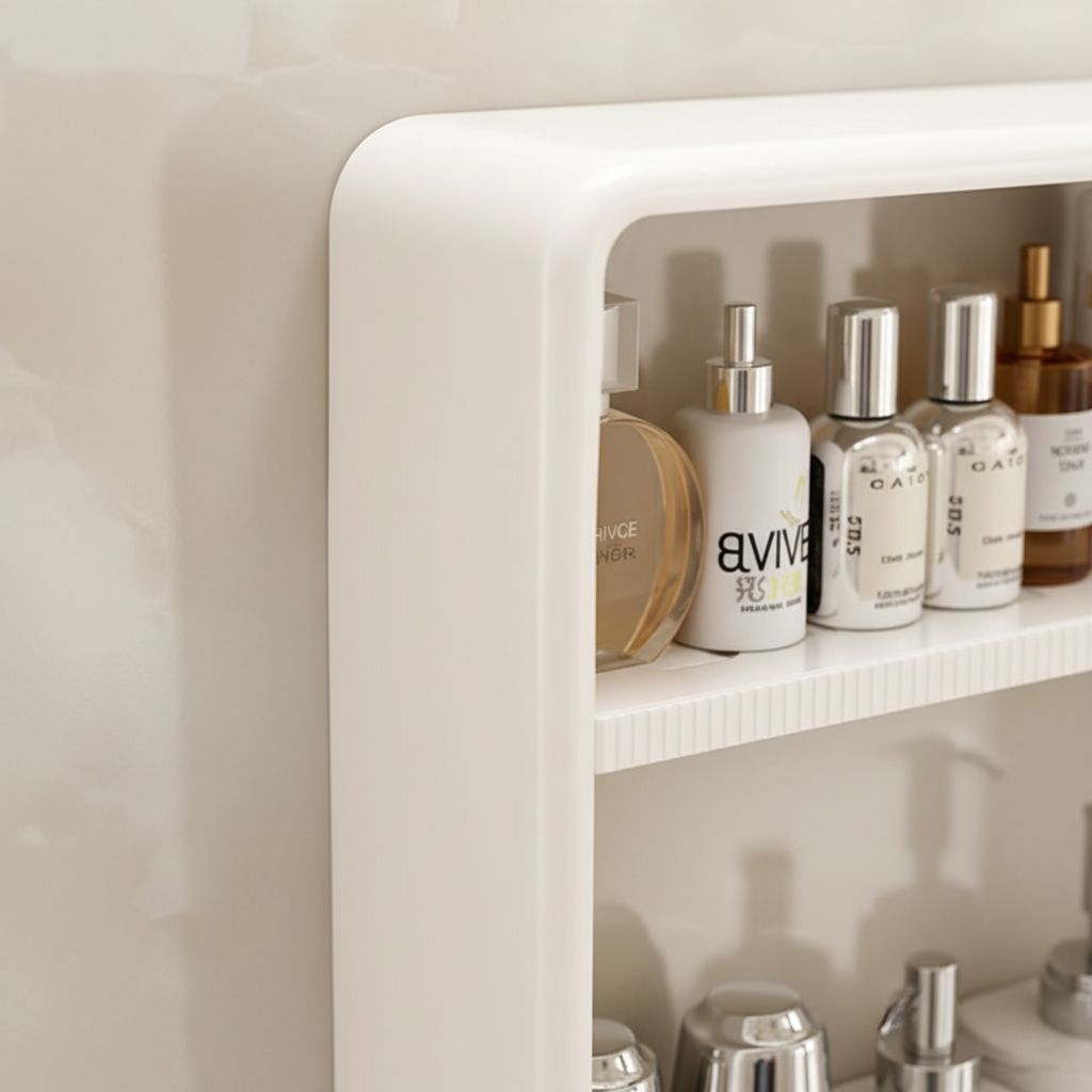 Close-up of minimalist plastic storage organizer for bathrooms, showing no-drill adhesive.