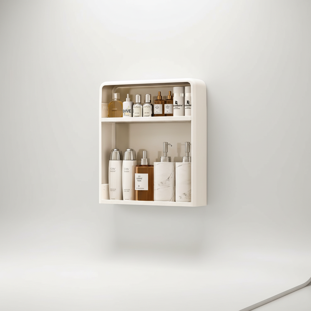 White minimalist bathroom wall shelf, neatly holding shampoo and soap, ideal home organization.